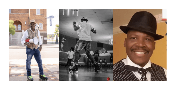 three images of Harry Turner. On the left one he's standing holding a megaphone. In the image of the middle he's skate dancing on a rink. The last image on the right is a close up of his face smiling.