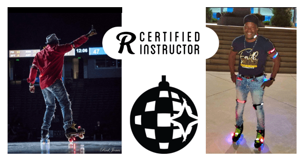 Harry Turner photos, on the left he's skating on a stage, on the right he's skating, a certified instructor logo sits in the middle of the image 